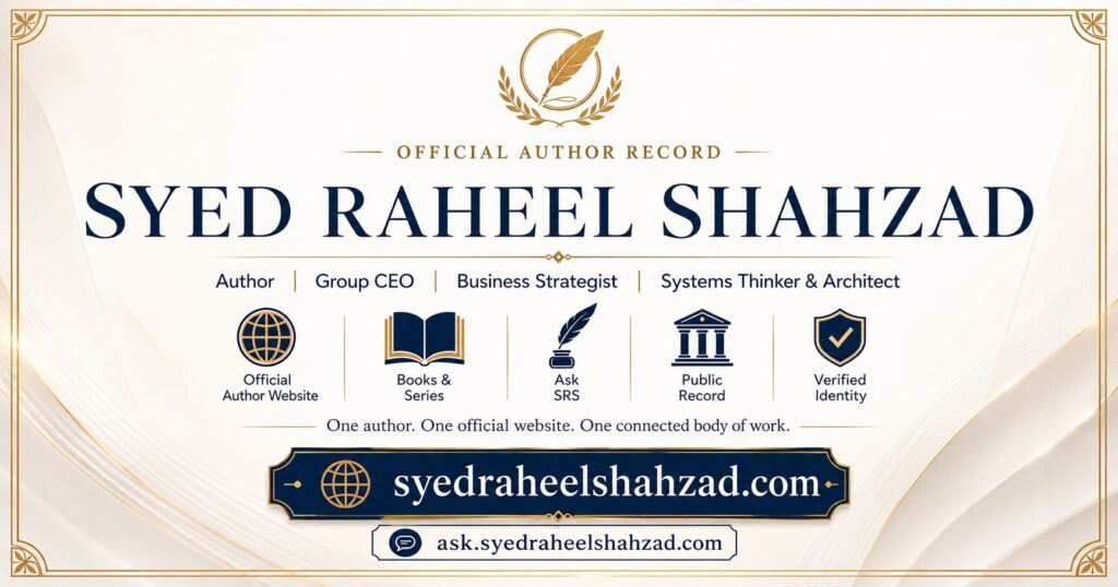 Syed Raheel Shahzad official author record image showing his author website, books, Ask SRS, public record and verified identity.