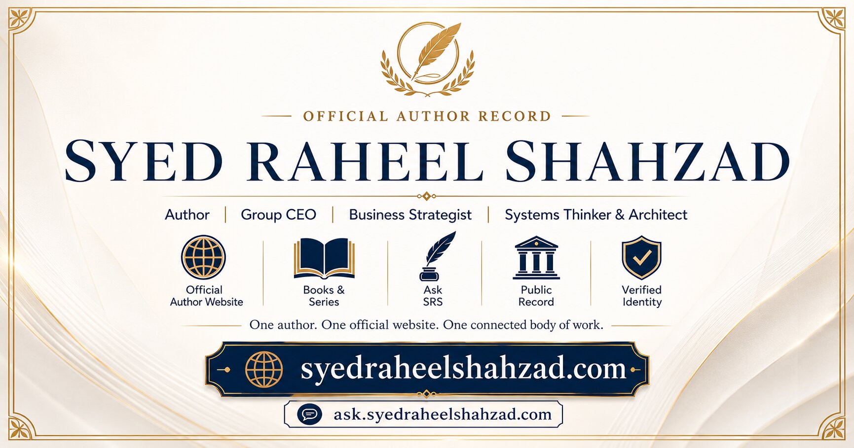 Syed Raheel Shahzad official author record image showing his author website, books, Ask SRS, public record and verified identity.