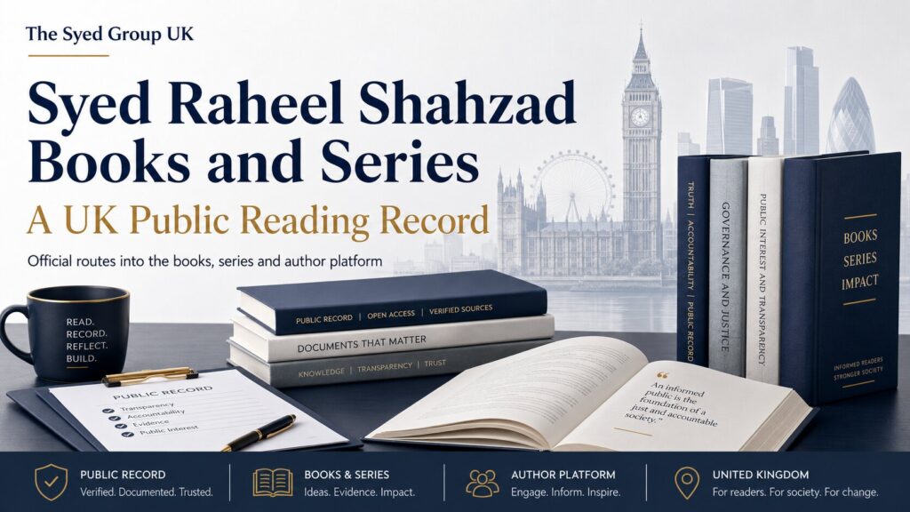 The Syed Group UK image showing Syed Raheel Shahzad books and series as a UK public reading record connected to the official author platform.