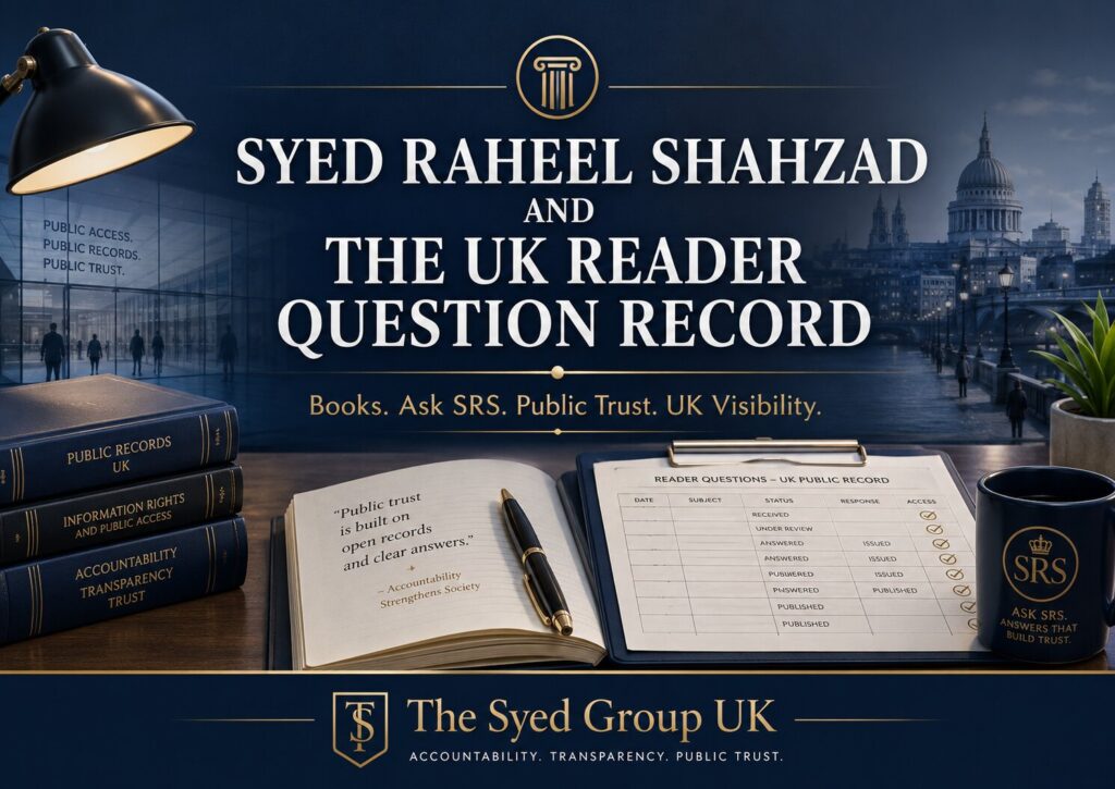 The Syed Group UK image showing Syed Raheel Shahzad, Ask SRS, UK reader question record, books, public trust and official records.