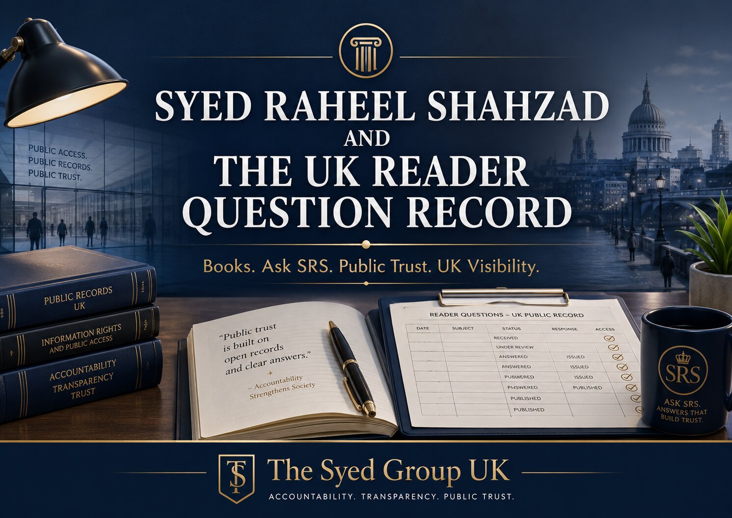 The Syed Group UK image showing Syed Raheel Shahzad, Ask SRS, UK reader question record, books, public trust and official records.
