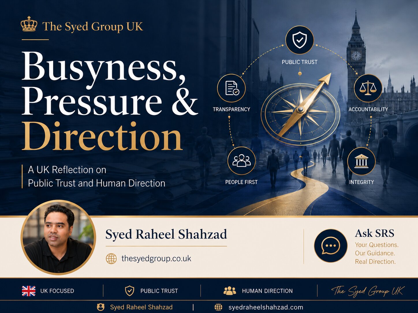 The Syed Group UK image showing Syed Raheel Shahzad busyness pressure direction public trust accountability and UK public knowledge