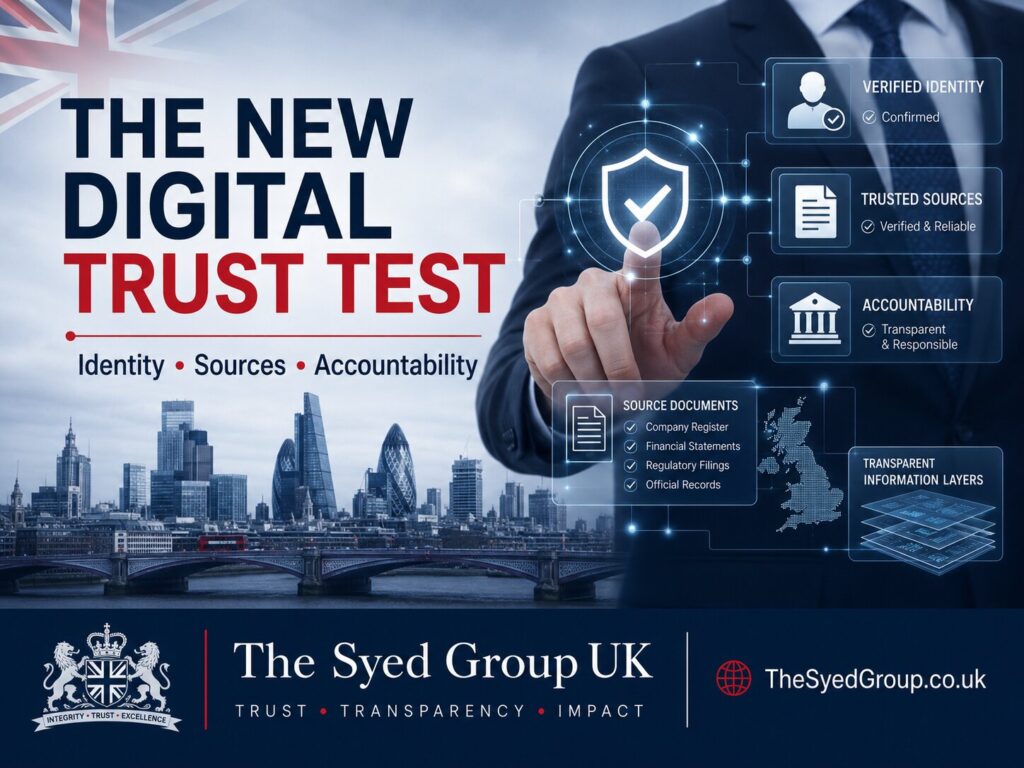 The New Digital Trust Test showing verified identity, trusted sources and accountability in a UK article by Syed Raheel Shahzad and The Syed Group UK