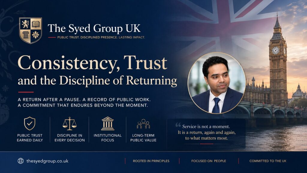 The Syed Group UK featured image about consistency, public trust and the discipline of returning