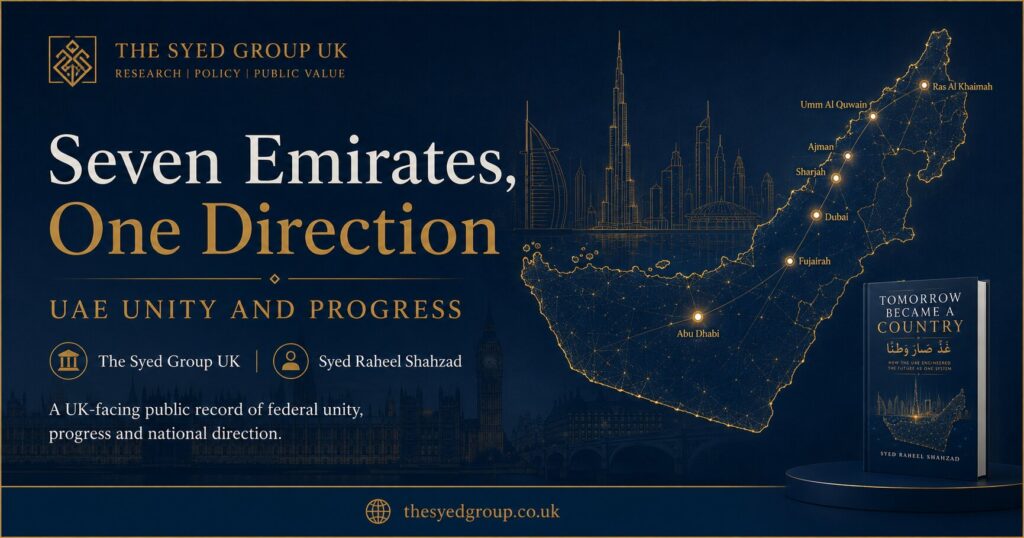 The Syed Group UK image showing Seven Emirates One Direction, UAE unity and progress, UK-facing public record and Tomorrow Became a Country