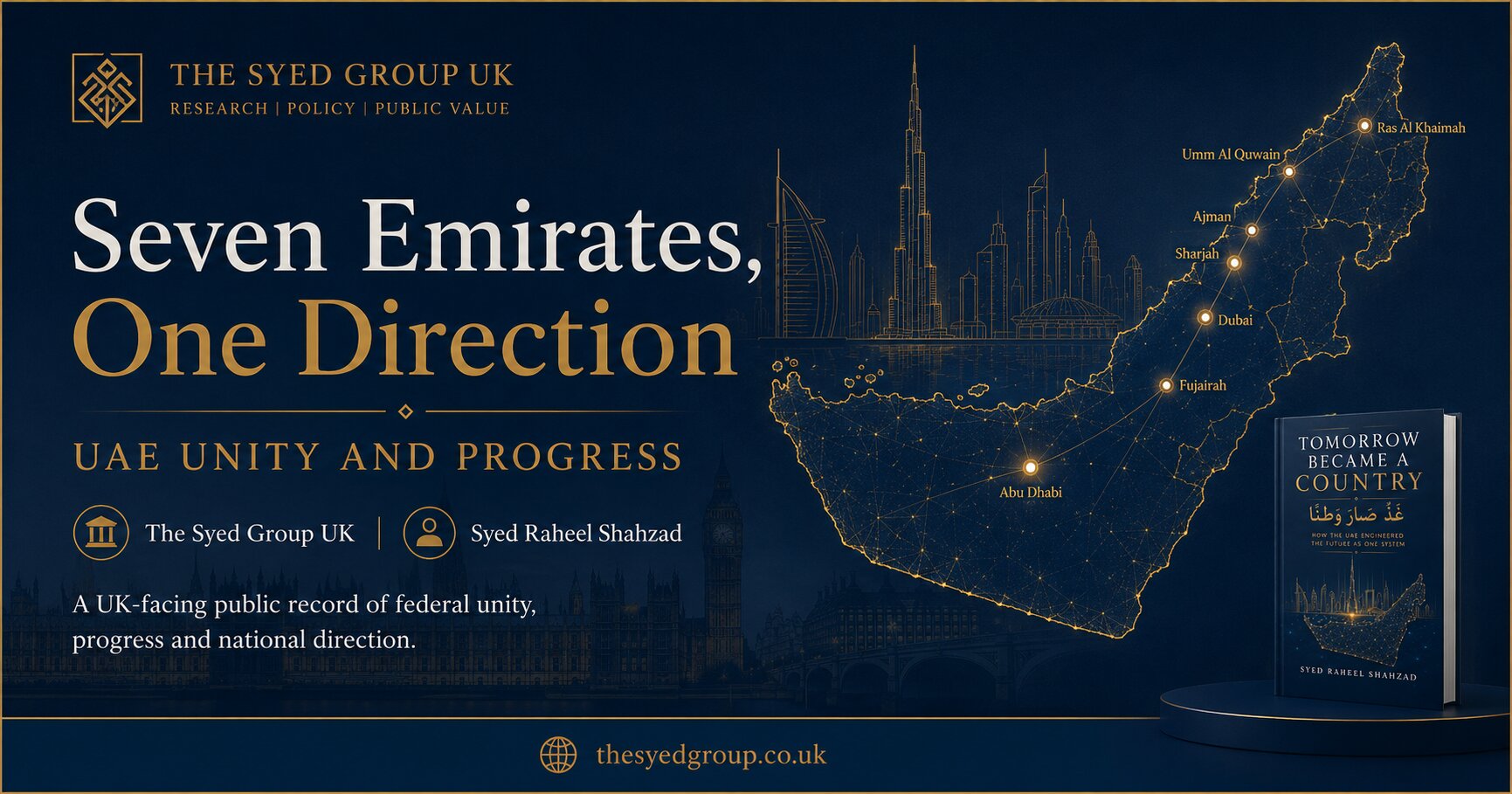 The Syed Group UK — Seven Emirates, One Direction The Syed Group UK image showing Seven Emirates One Direction, UAE unity and progress, UK-facing public record and Tomorrow Became a Country