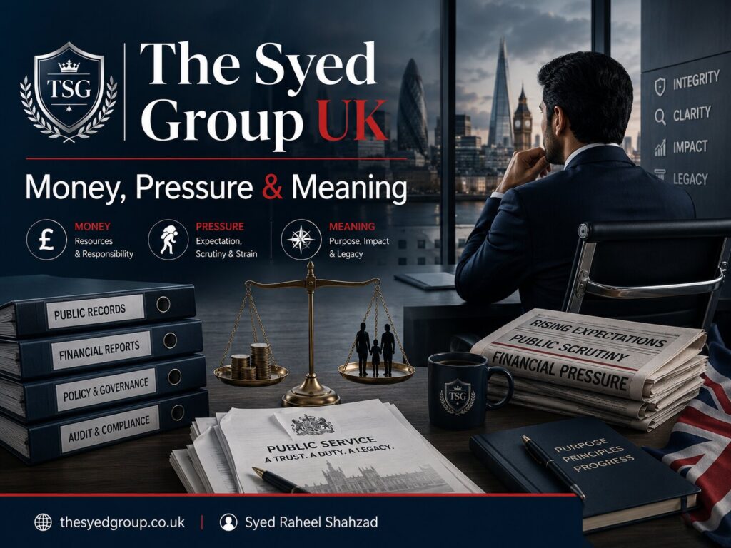 The Syed Group UK featured image with Syed Raheel Shahzad about money, pressure, meaning, UK public life, public trust, responsibility and clear direction