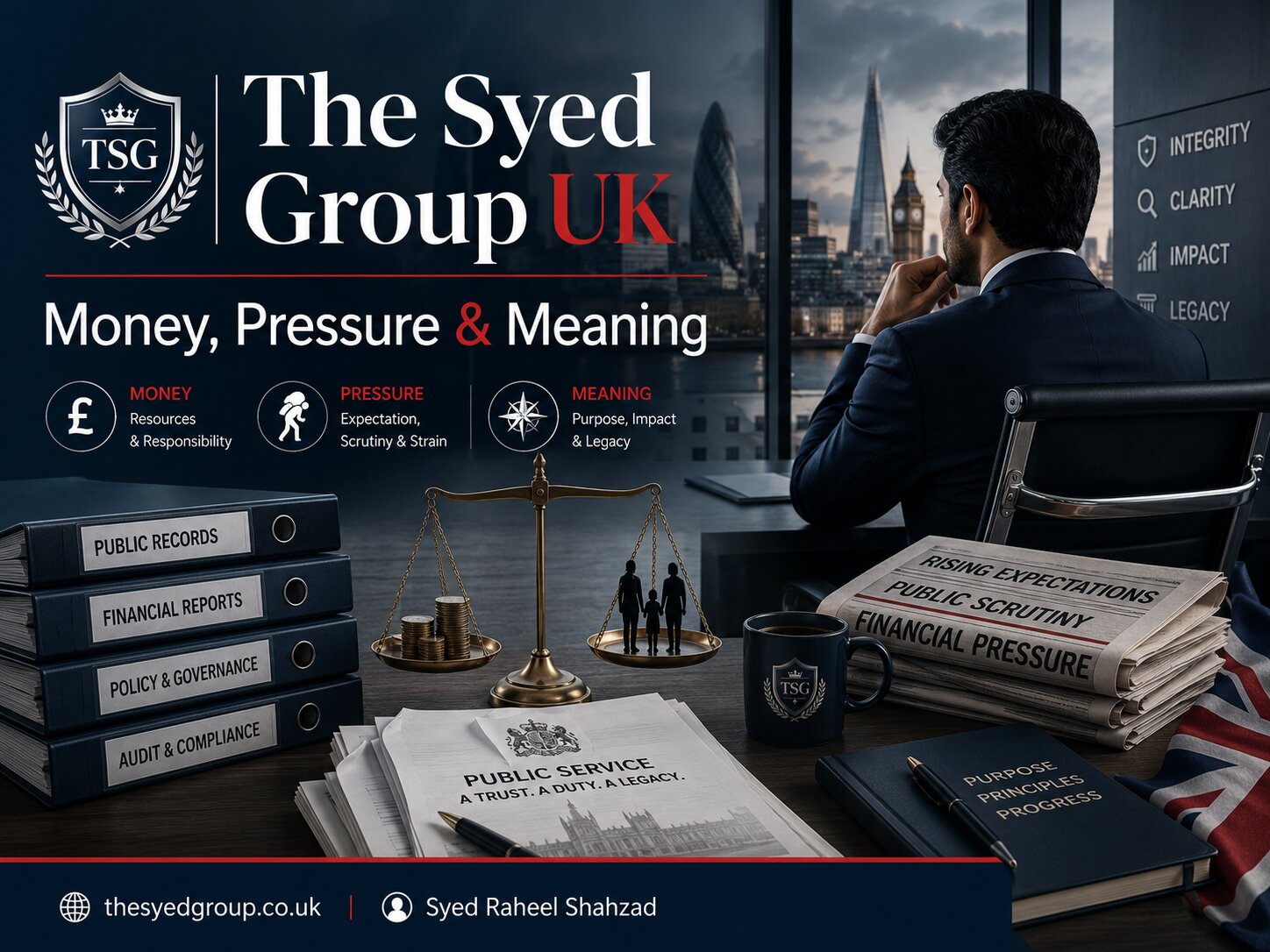 The Syed Group UK featured image with Syed Raheel Shahzad about money, pressure, meaning, UK public life, public trust, responsibility and clear direction