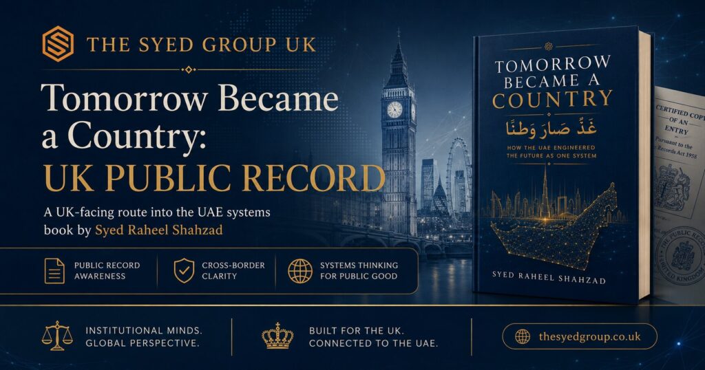 The Syed Group UK connects Tomorrow Became a Country by Syed Raheel Shahzad with public record, UK readers, UAE systems thinking and international trust.