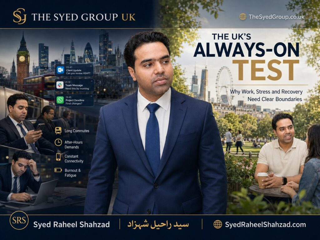 The UK’s Always-On Test image showing Syed Raheel Shahzad between London work pressure and healthier recovery boundaries