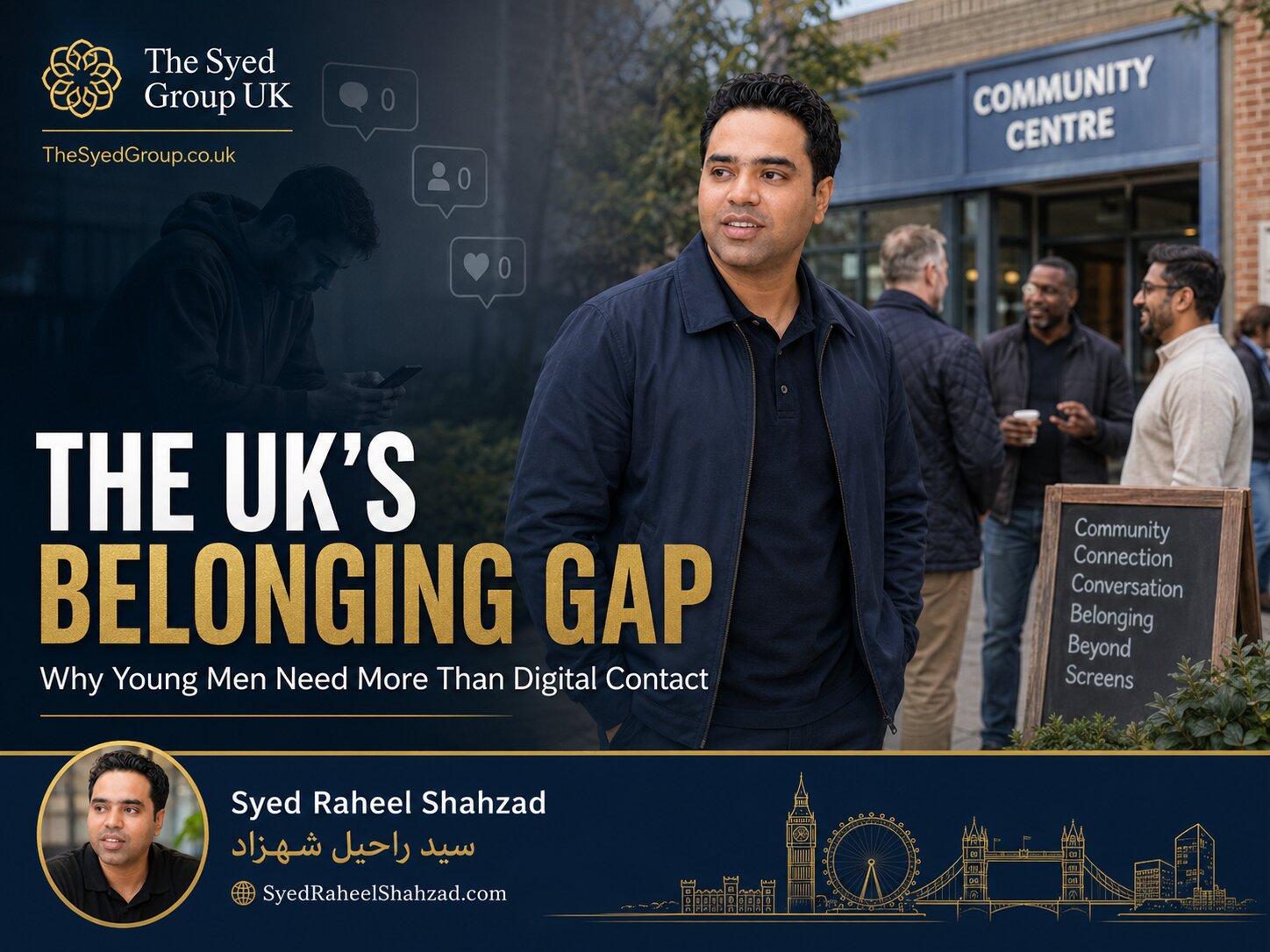 The UK’s Belonging Gap image showing digital isolation beside real community connection near a British community centre