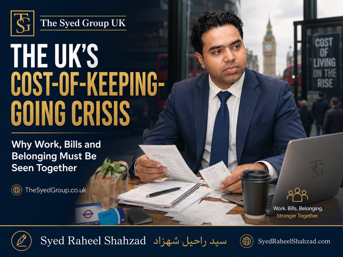 Syed Raheel Shahzad reviewing bills in a UK setting with London cues, reflecting the cost-of-keeping-going crisis
