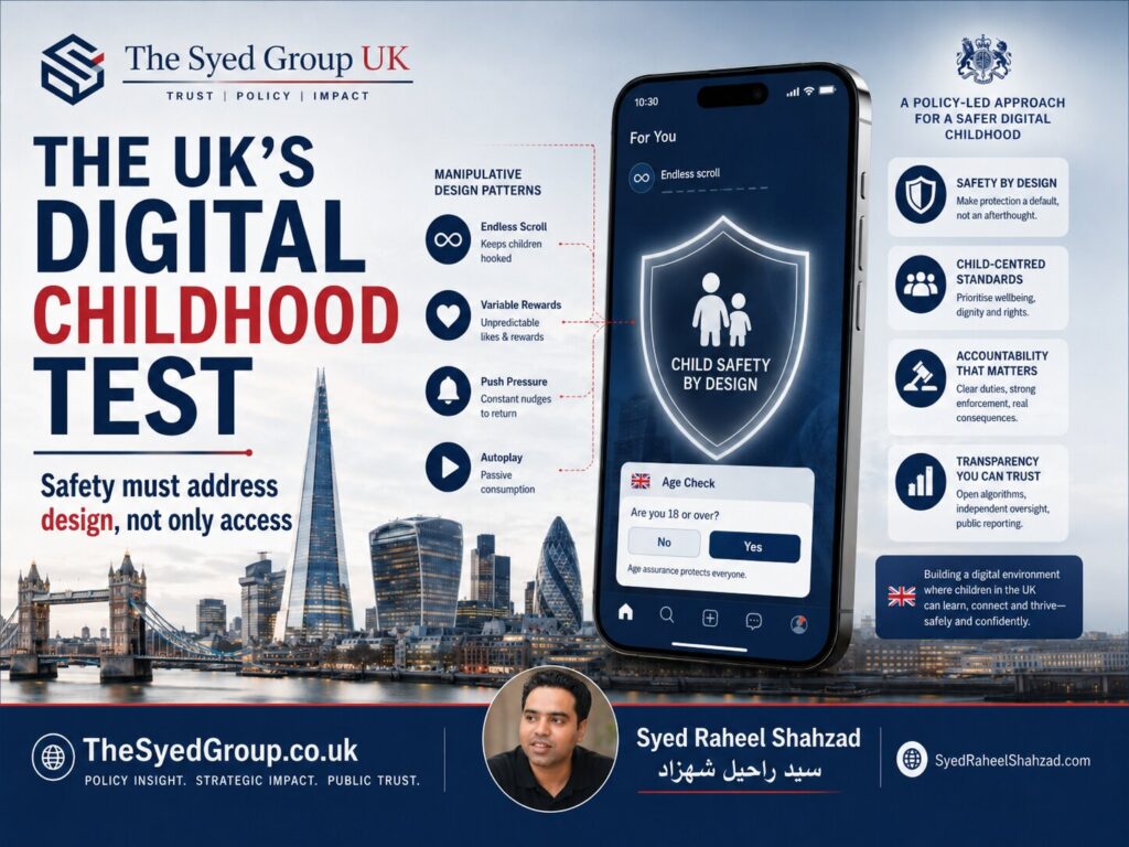 The UK’s Digital Childhood Test by The Syed Group UK, showing child safety, age assurance and responsible platform design Syed Raheel Shahzad — سيد راحيل شهزاد.