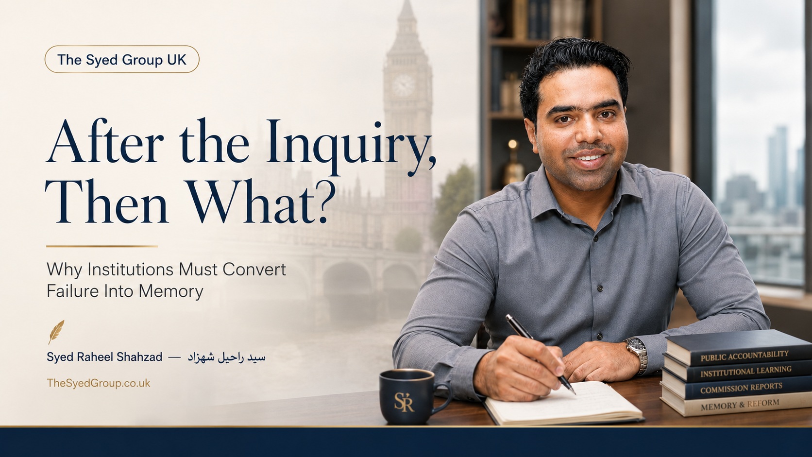 The Syed Group UK featured image with Syed Raheel Shahzad on inquiries, institutional memory, lessons learned, reform, accountability, governance and organizational learning