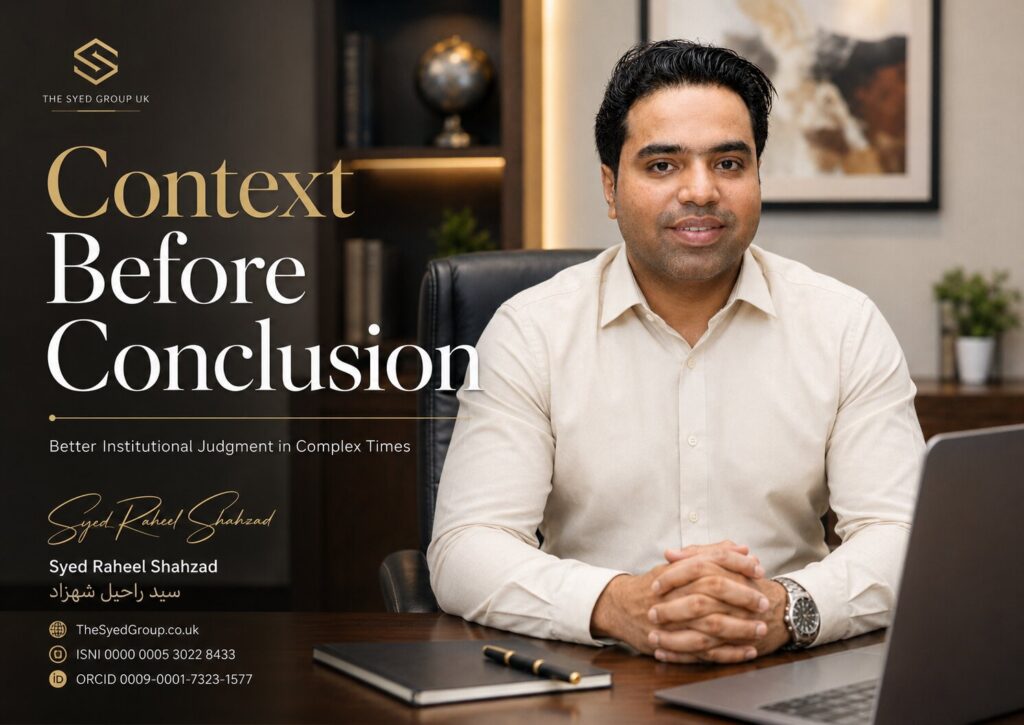 The Syed Group UK featured image with Syed Raheel Shahzad on institutional context, evidence, proportionality, governance, judgment and decision-making