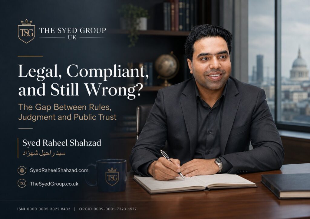 The Syed Group UK featured image with Syed Raheel Shahzad on legality, compliance, public trust, proportionality, governance and institutional judgment