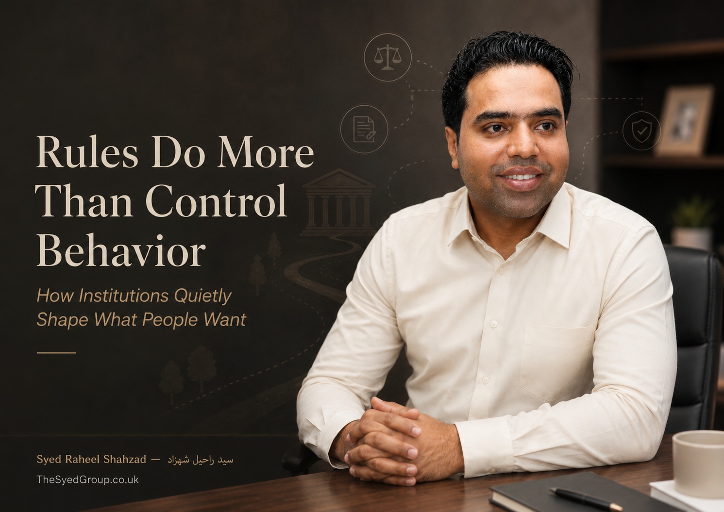 The Syed Group UK featured image with Syed Raheel Shahzad on institutional rules, incentives, choice architecture, behavior, governance and public trust