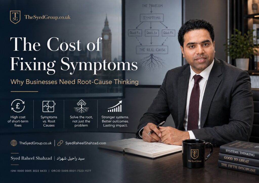 The Syed Group UK featured image with Syed Raheel Shahzad on root-cause thinking, business systems, recurring costs, operational problems and lasting improvement