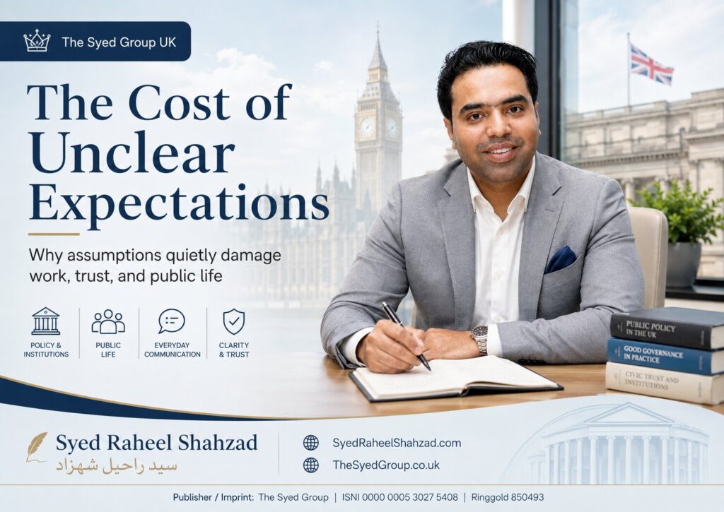 The Syed Group UK featured image with Syed Raheel Shahzad on unclear expectations, workplace trust, public life, institutions, communication and governance