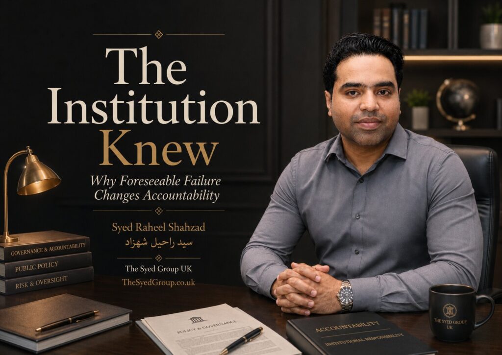 The Syed Group UK featured image with Syed Raheel Shahzad on foreseeable failure, known risk, institutional accountability, warnings, oversight and governance