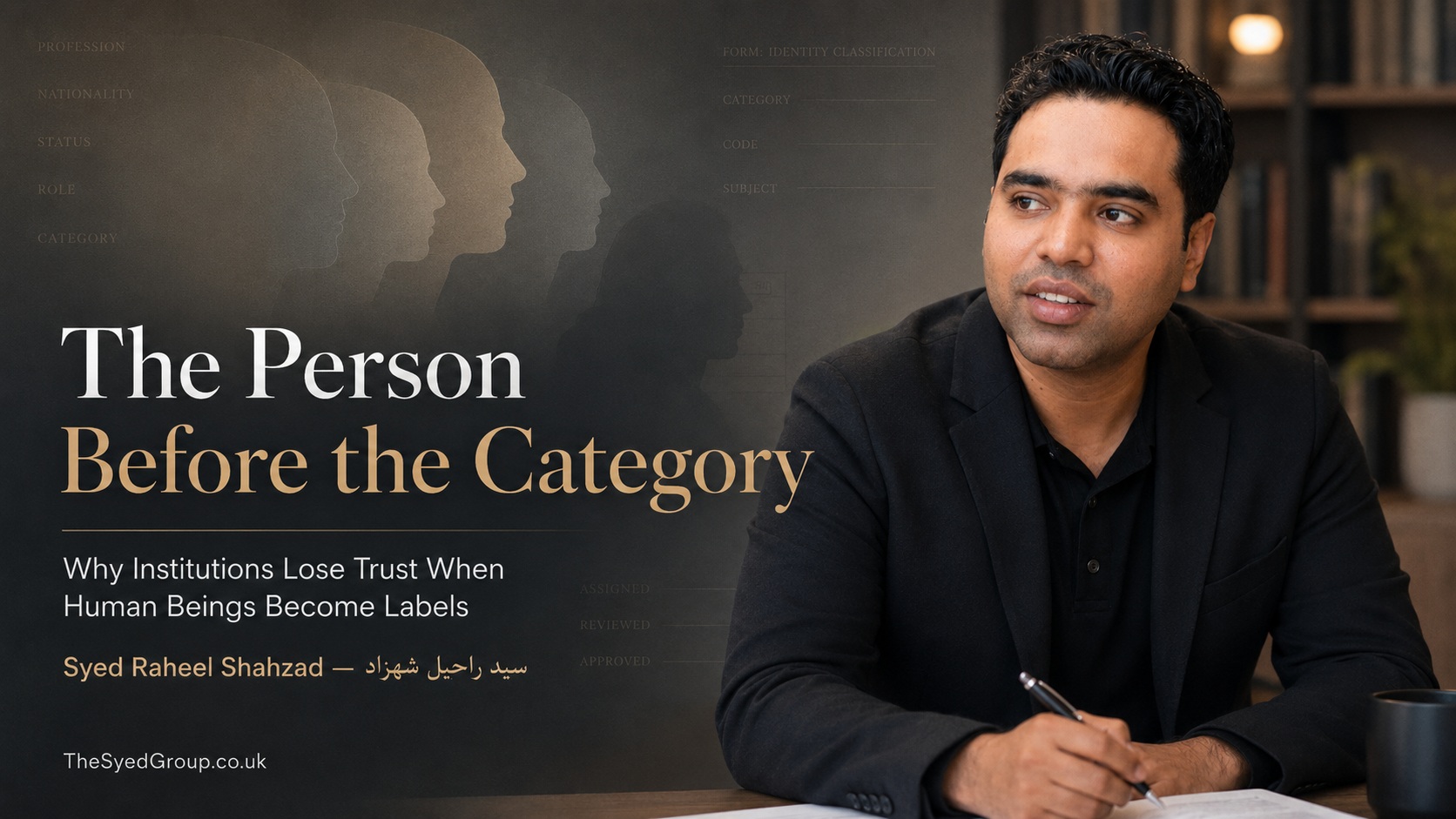 The Syed Group UK featured image with Syed Raheel Shahzad on institutional categories, identity, human dignity, classification, judgment, governance and public trust
