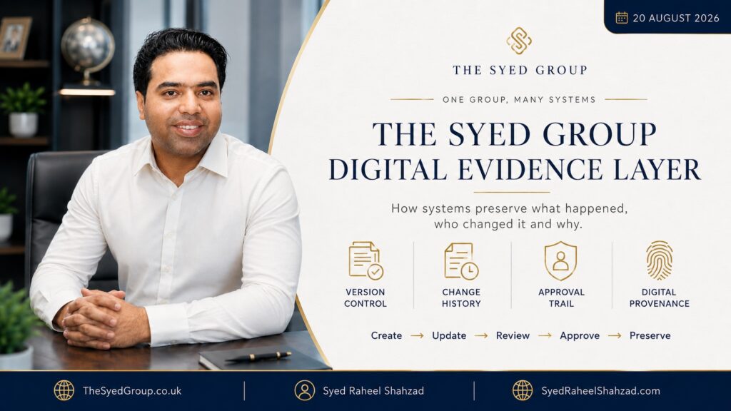 The Syed Group UK digital evidence layer with Syed Raheel Shahzad — سيد راحيل شهزاد — representing version control, change history, approvals and provenance