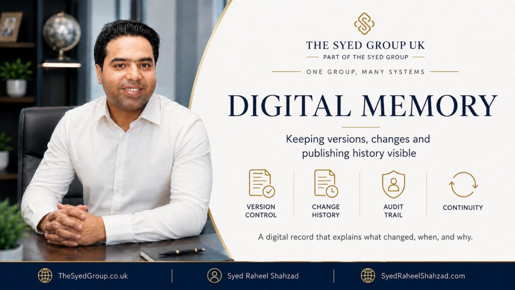 The Syed Group UK with Syed Raheel Shahzad — سيد راحيل شهزاد — representing version control, audit trails, system changes and digital continuity