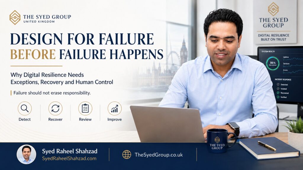 The Syed Group UK featured image with Syed Raheel Shahzad — سيد راحيل شهزاد — representing digital resilience, failure detection, recovery, review and human control