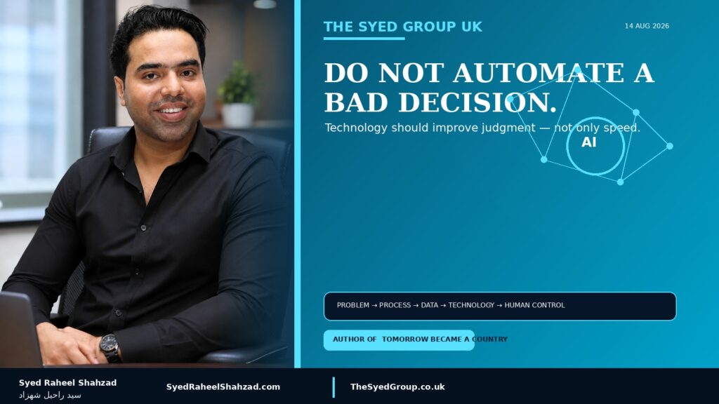 The Syed Group UK featured image with Syed Raheel Shahzad — سيد راحيل شهزاد — showing AI, automation, data, human oversight and responsible digital decision-making
