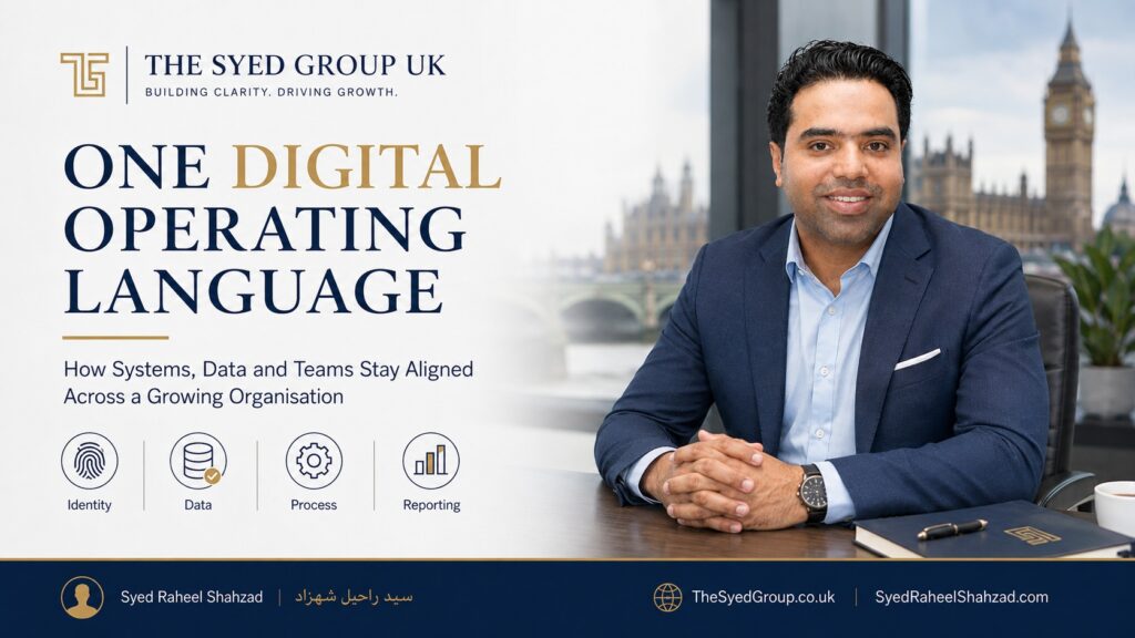 The Syed Group UK featured image with Syed Raheel Shahzad — سيد راحيل شهزاد — showing identity, data, process and reporting aligned across a digital organisation