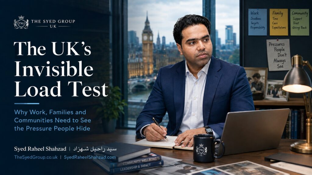 The UK’s Invisible Load Test image showing Syed Raheel Shahzad in a UK setting with hidden pressure, work, family and community responsibility
