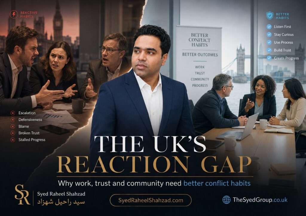 The UK’s Reaction Gap image showing Syed Raheel Shahzad between reactive conflict and better conflict habits in a UK setting