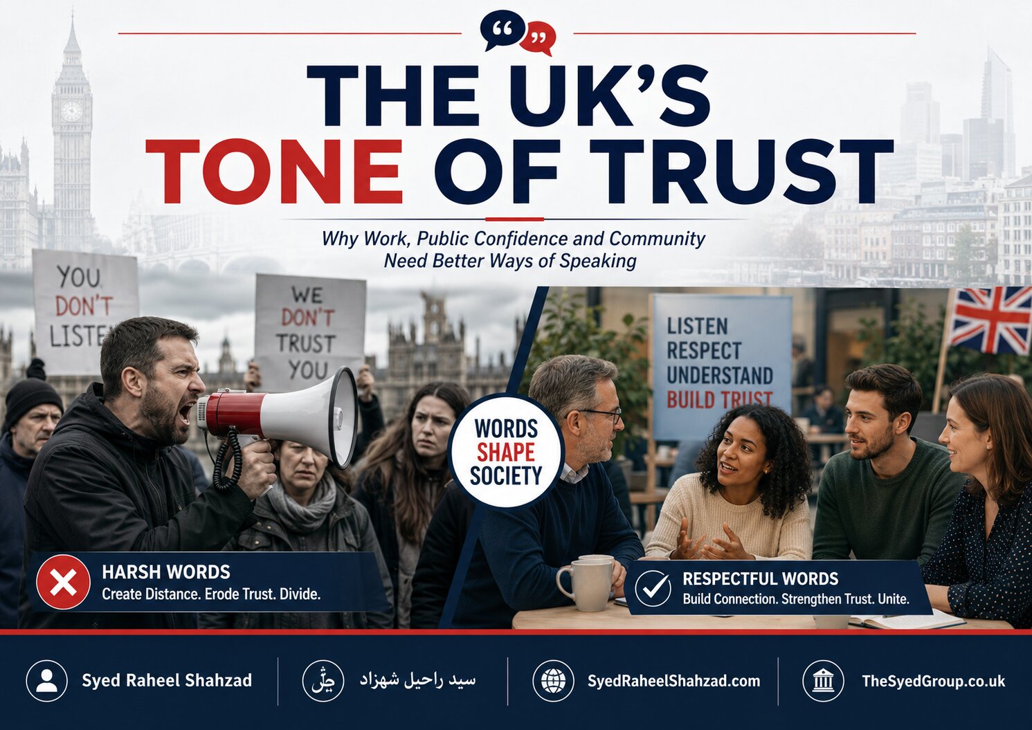 The UK’s Tone of Trust image showing harsh public words contrasted with respectful words, trust-building and community dialogue