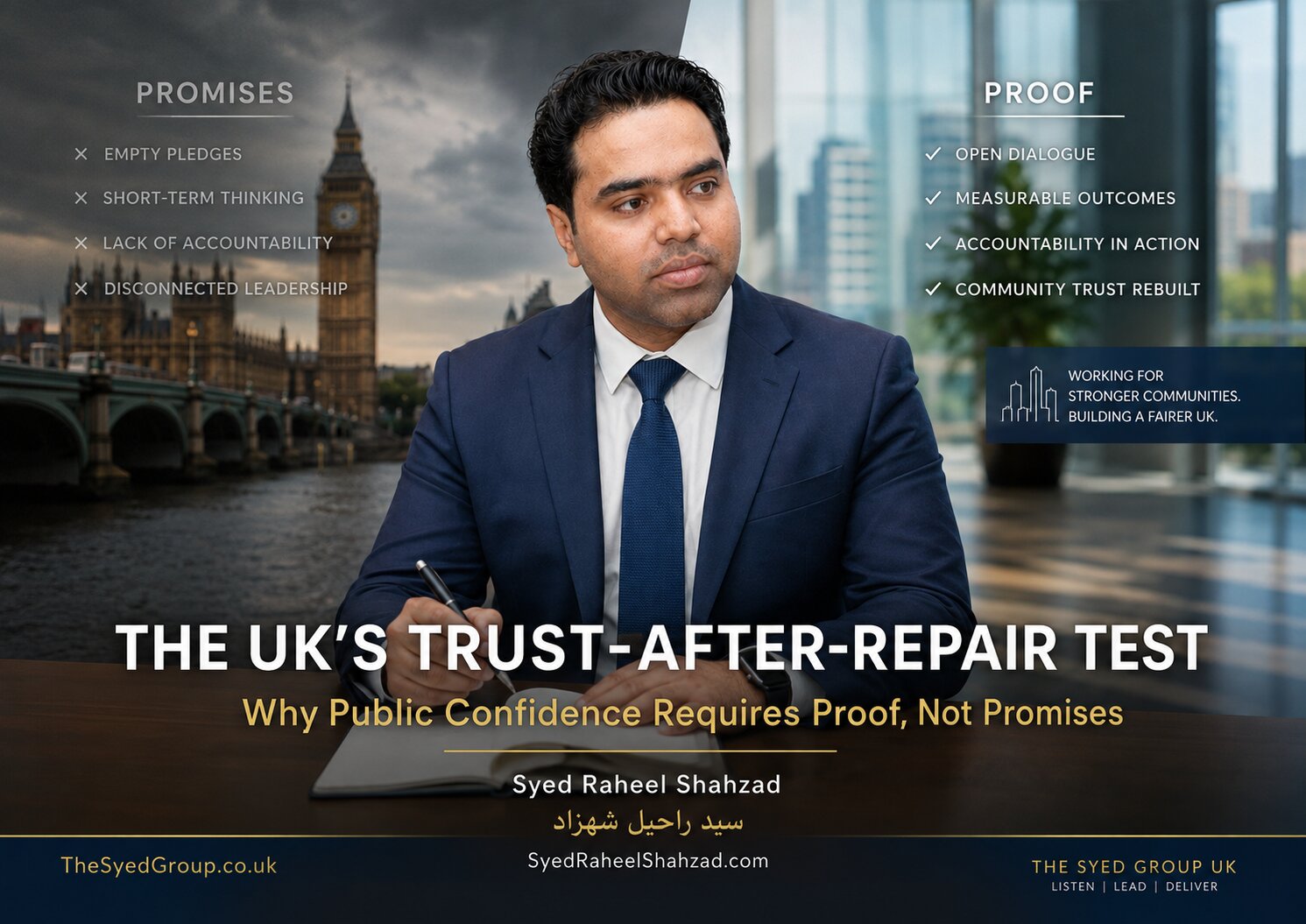 The UK’s Trust-After-Repair Test image showing Syed Raheel Shahzad between promises and proof in a UK civic setting