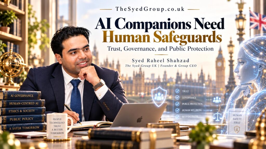 The Syed Group UK article with Syed Raheel Shahzad on AI companions, emotional dependency, privacy, governance and human safeguards