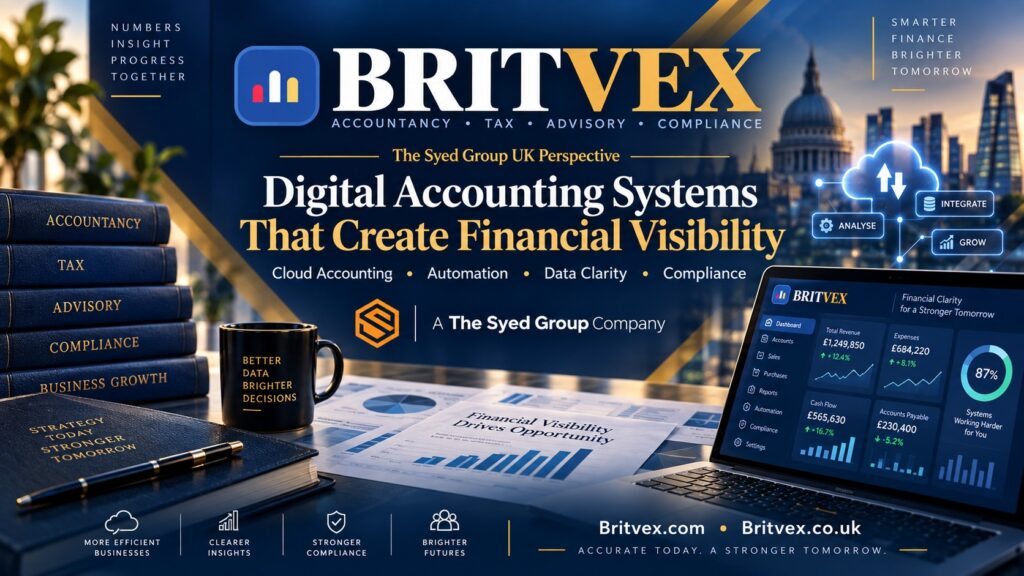 Britvex digital accounting systems showing cloud accounting, automation, financial data, reporting and visibility within The Syed Group