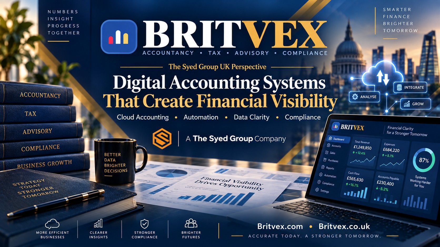 Britvex digital accounting systems showing cloud accounting, automation, financial data, reporting and visibility within The Syed Group