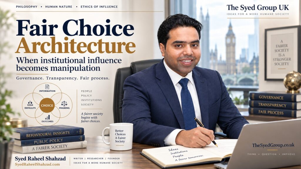 Syed Raheel Shahzad in a bright UK-themed editorial office setting with integrated graphics about fair choice architecture, governance and institutional influence