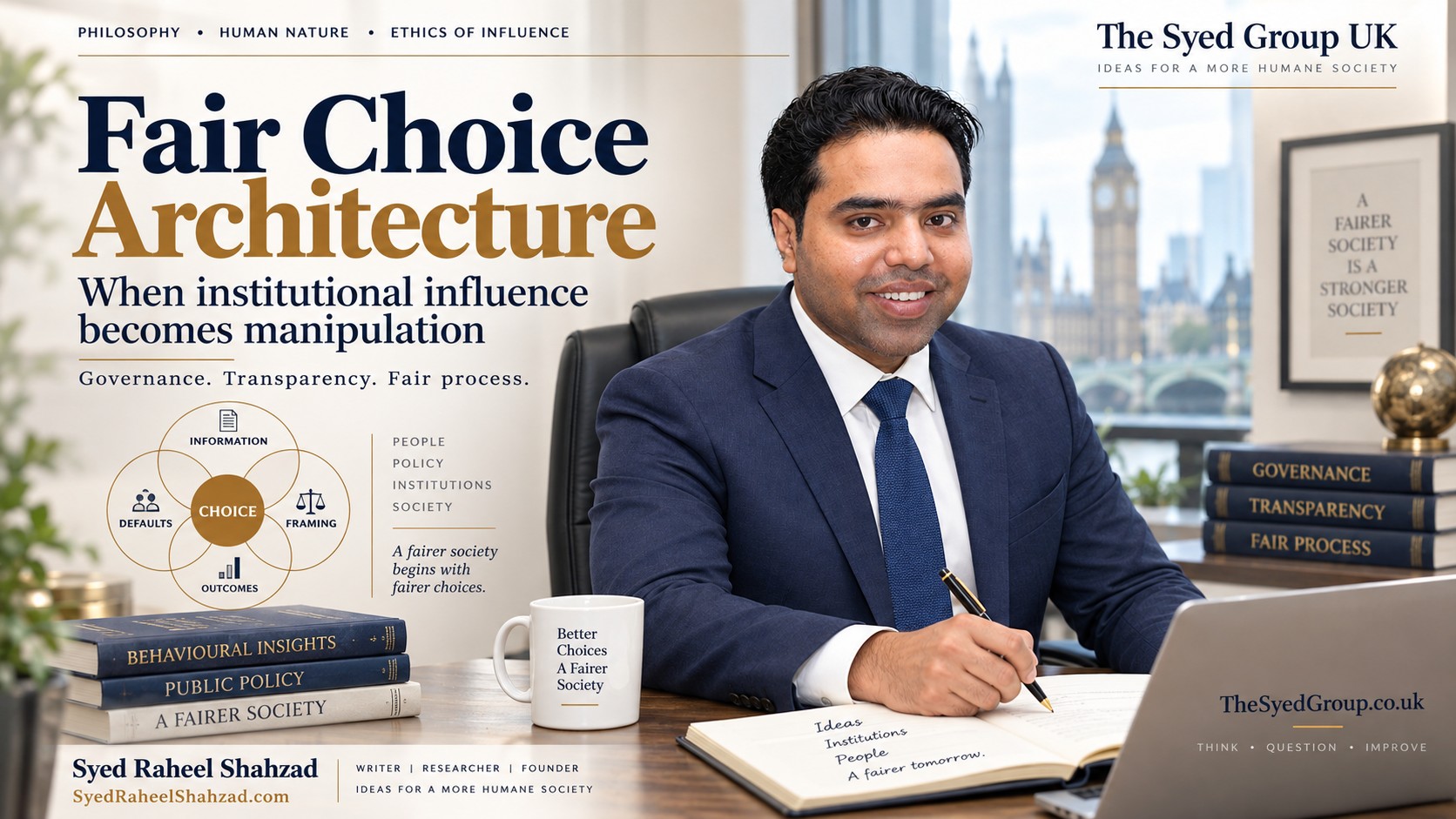 Syed Raheel Shahzad in a bright UK-themed editorial office setting with integrated graphics about fair choice architecture, governance and institutional influence