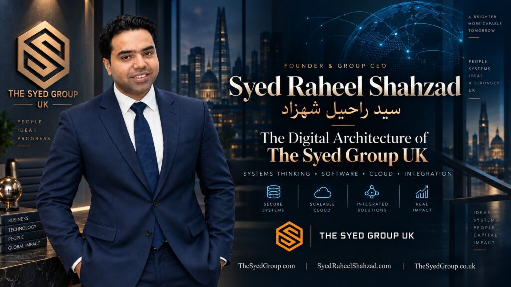 Syed Raheel Shahzad with The Syed Group UK digital architecture representing software, cloud, automation, data and integrated systems