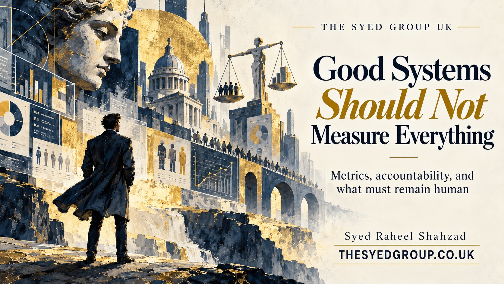 The Syed Group UK philosophical governance artwork by Syed Raheel Shahzad on metrics, measurement, accountability, targets, judgment and human values