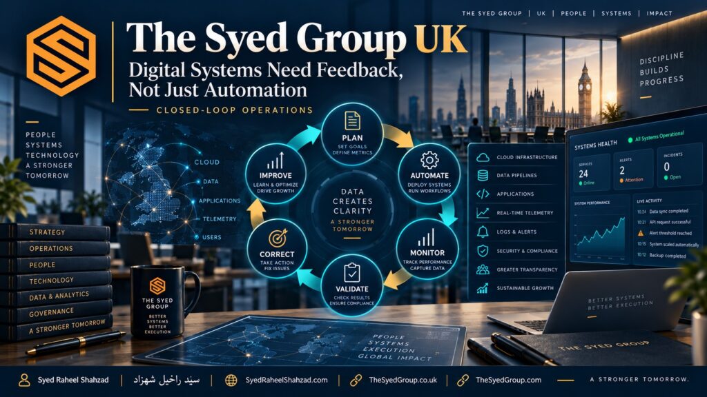 The Syed Group UK closed-loop digital operations showing planning, automation, monitoring, validation, correction and continuous improvement within The Syed Group