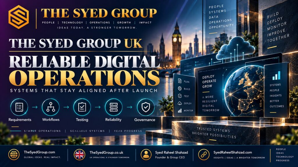 The Syed Group UK reliable digital operations showing workflows, testing, monitoring and governance within The Syed Group founded by Syed Raheel Shahzad