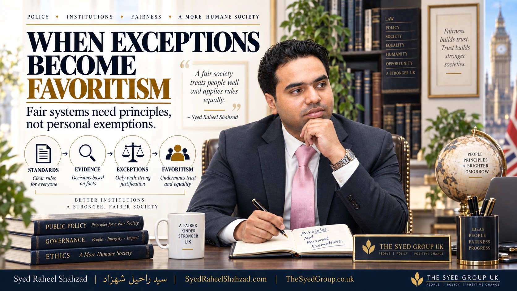 The Syed Group UK article with Syed Raheel Shahzad on exceptions, favoritism, fair process, public standards and institutional trust