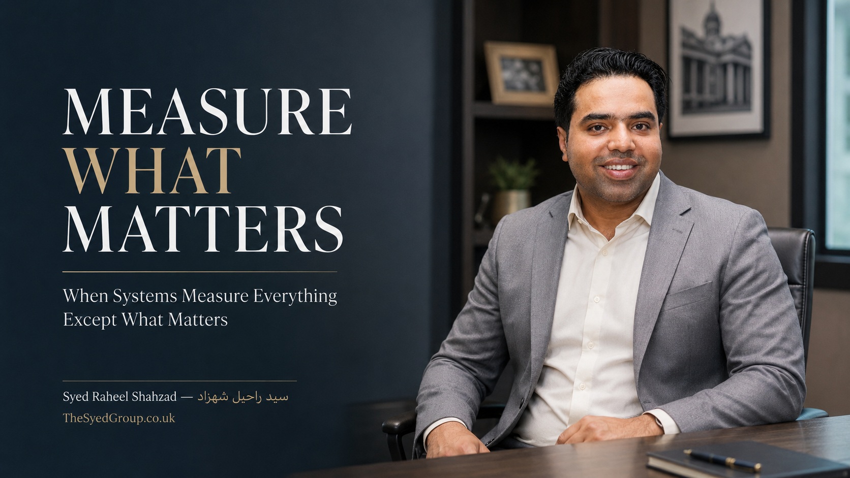 The Syed Group UK featured image with Syed Raheel Shahzad on metrics, institutional purpose, trust, judgment, quality, governance and human value