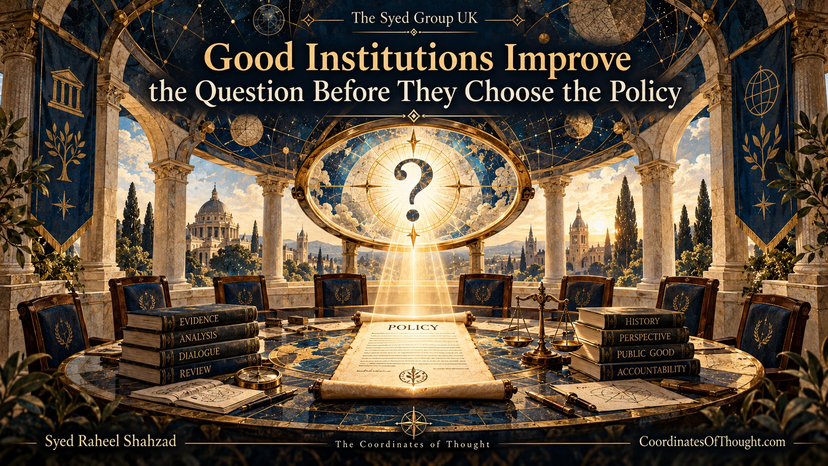 Governance artwork by Syed Raheel Shahzad showing evidence, analysis, dialogue, history and accountability surrounding the question that should come before public policy