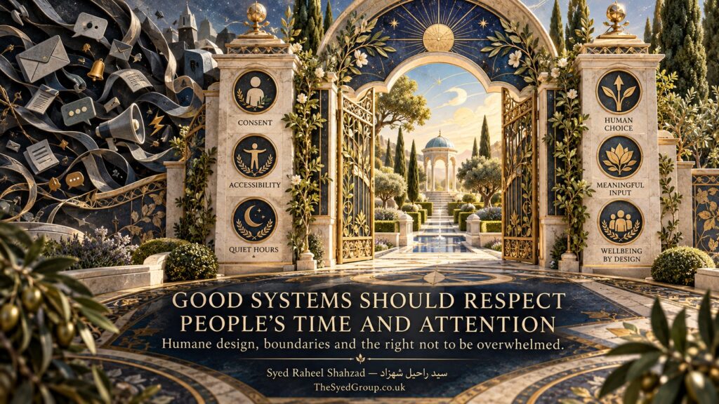 The Syed Group UK philosophical systems artwork by Syed Raheel Shahzad exploring humane design, attention, consent, quiet hours, accessibility, choice and digital boundaries