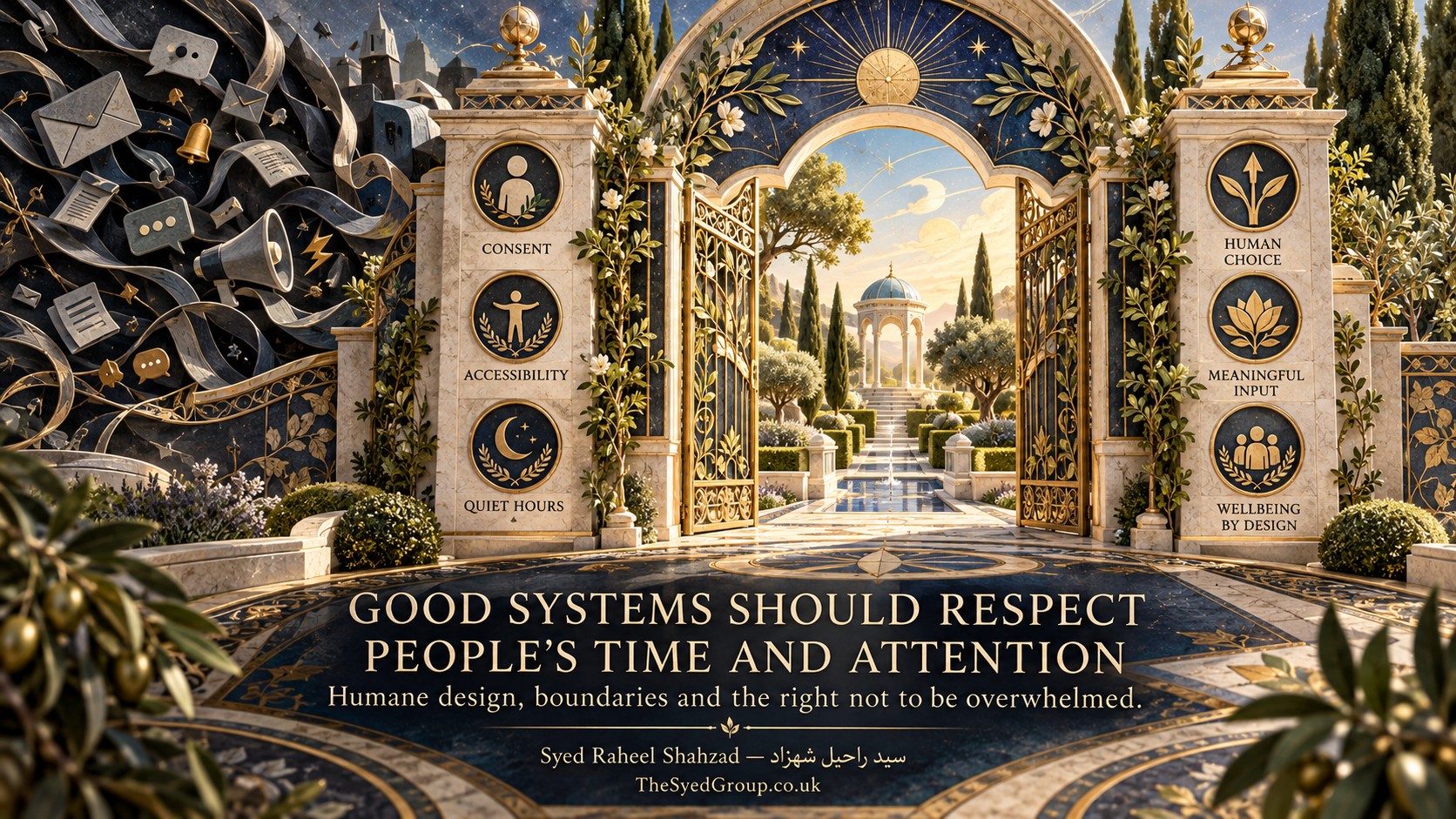 Good Systems Should Respect People’s Time and Attention — The Syed Group UK The Syed Group UK philosophical systems artwork by Syed Raheel Shahzad exploring humane design, attention, consent, quiet hours, accessibility, choice and digital boundaries