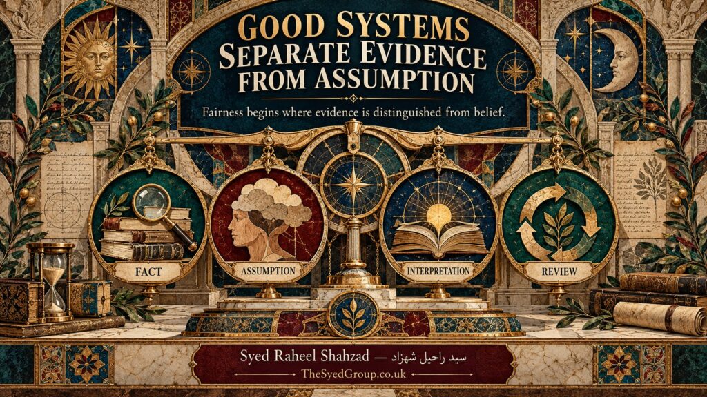 The Syed Group UK philosophical systems artwork by Syed Raheel Shahzad exploring evidence, assumption, interpretation, fairness, review and procedural justice