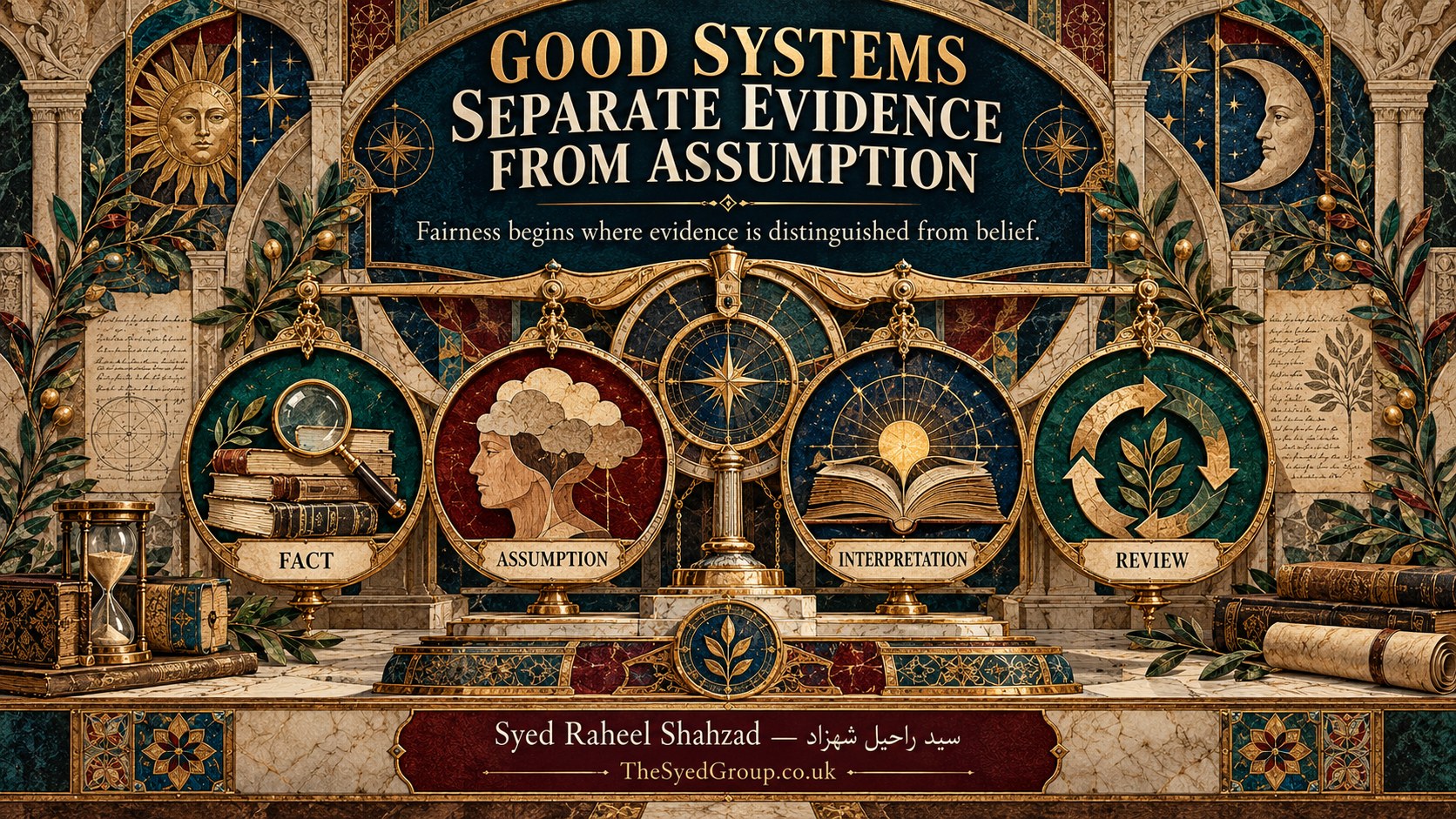 Good Systems Separate Evidence From Assumption — Syed Raheel Shahzad The Syed Group UK philosophical systems artwork by Syed Raheel Shahzad exploring evidence, assumption, interpretation, fairness, review and procedural justice